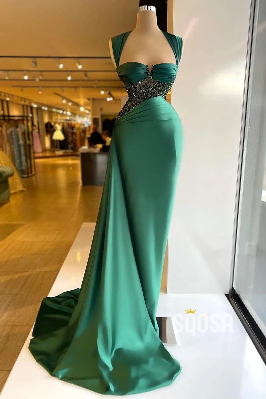 sweetheart neckline evening dress-Chic & Modern Straps Green Beaded Pleats Prom Dress Evening Gown QP3128