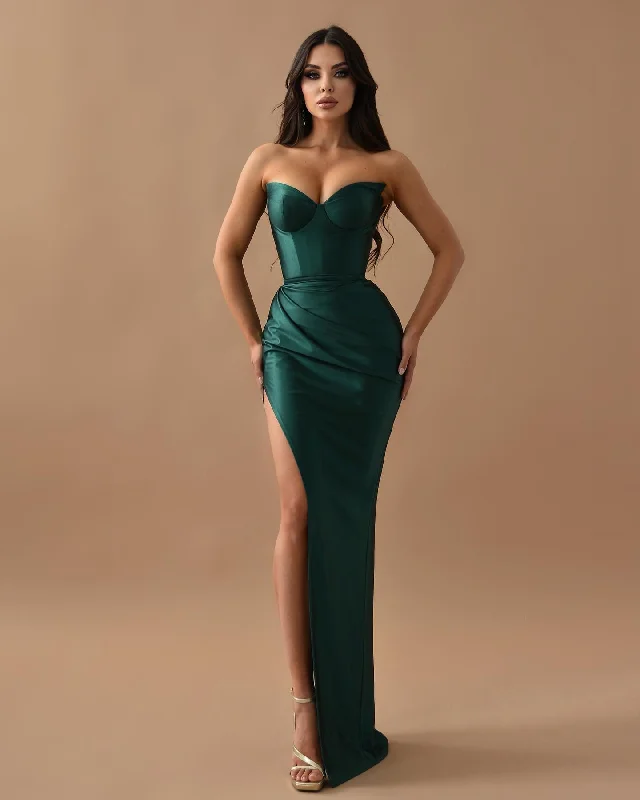 royal blue evening gown-Sheath Strapless Pleats Green Long Prom Evening Dress QP3131