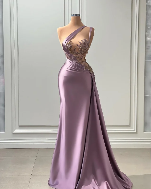 sheer back evening dress-One shoulder Illusion Beaded Sweep Train Purple Long Prom Evening Dress QP3135