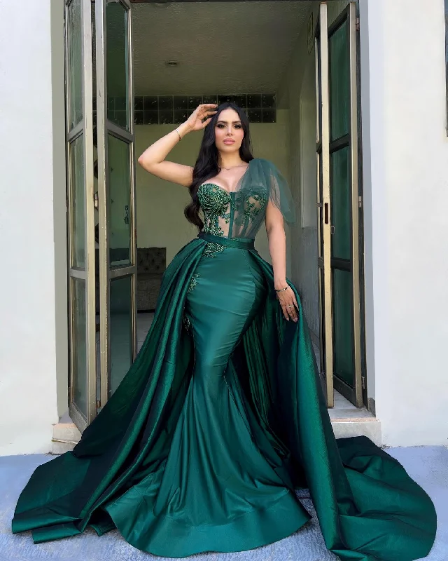 evening dress with embroidery-A-Line One Shoulder Beaded Illusion Green Long Prom Evening Dress QP3138