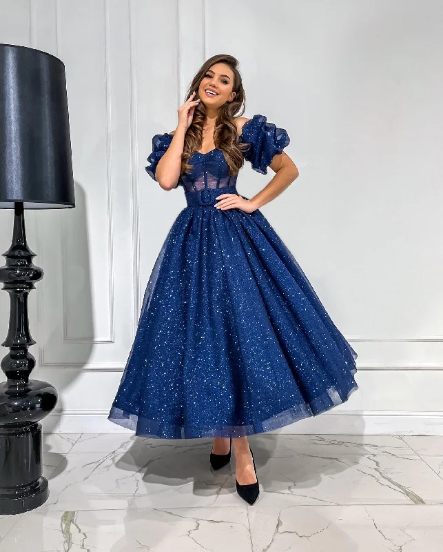 elegant long sleeve evening dress-A-Line Off- Shoulder Sparkly Sheer Royal Blue Prom Evening Dress QP3139