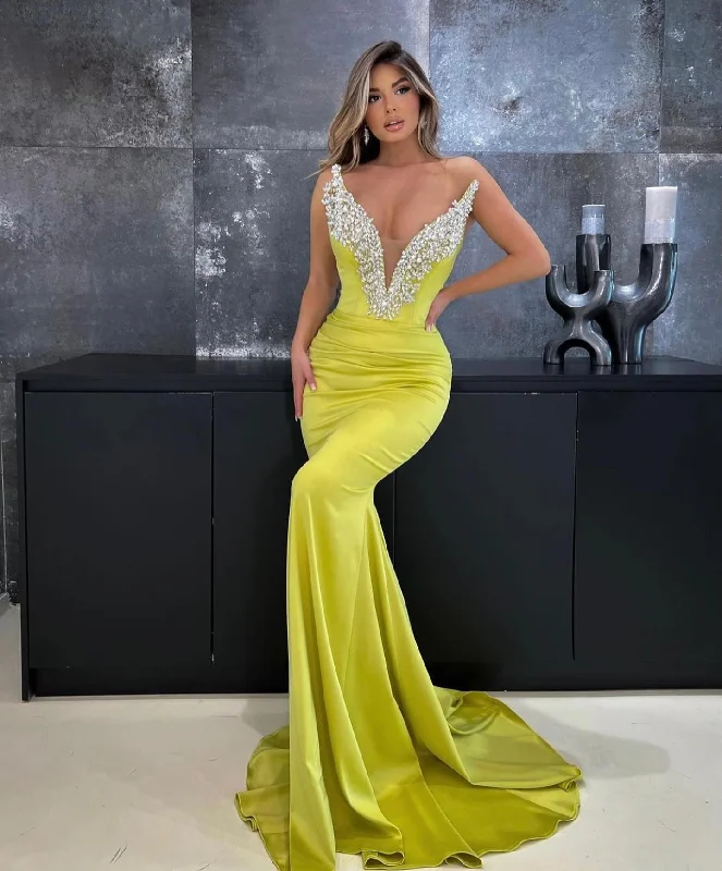 sleeveless tulle evening dress-Chic V-Neck Strapless Beaded Sheath Mermaid Long Prom Evening Gowns QP3149