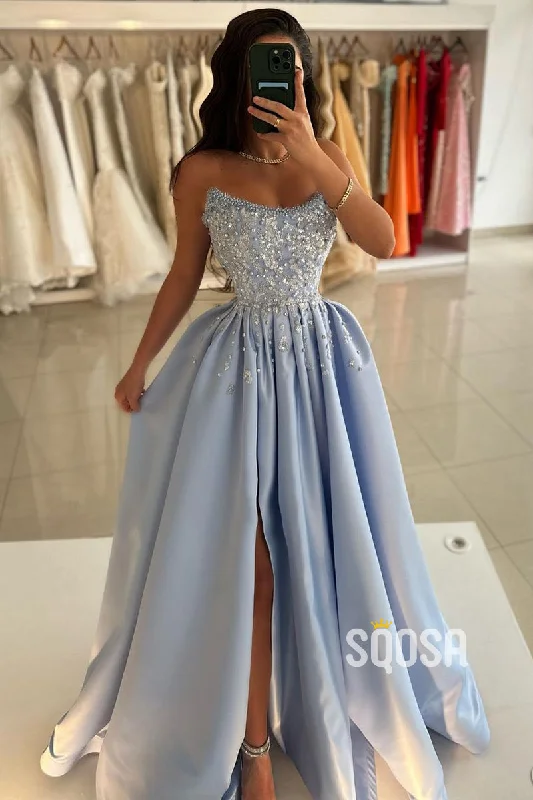 tulle evening gown-A-Line Beaded Strapless Blue Satin Long Prom Dress With Slit Evening Gowns QP3165