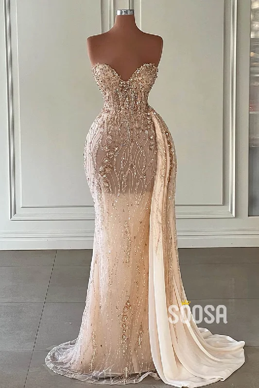 vintage lace evening dress-Luxurious Strapless Illusion Beaded Champagne Long Prom Dress Evening Gowns QP3167