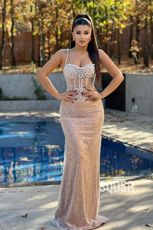 backless evening dress-Elegant & Luxurious Pearls Straps Beaded Long Prom Dress Evening Gowns QP3168