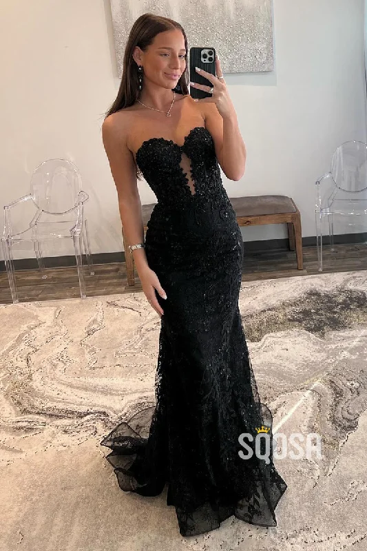 evening dress with lace appliqu茅-Mermaid Strapless Applique Black Long Prom Dress Evening Gowns QP3183