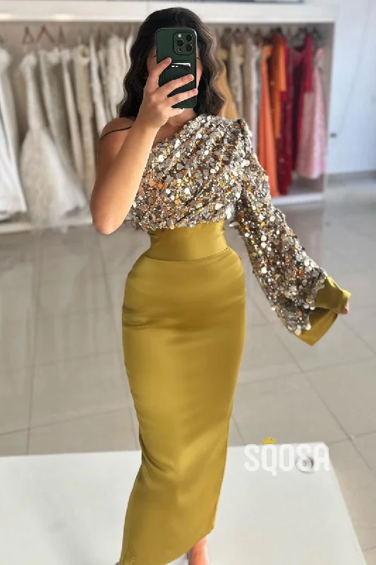 deep V-neck evening gown-Sequins One Shoulder Green Long Sleeves Prom Dress Evening Gowns QP3194