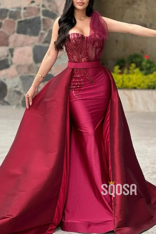 shimmering evening gown-One Shoulder Beaded Appliques Detachable Train Party Prom Evening Dress  QP3278