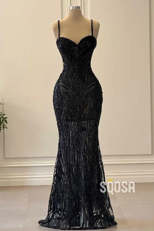 vintage lace evening dress-Sweetheart Spaghetti Straps Beaded Sheer Party Prom Evening Dress QP3424