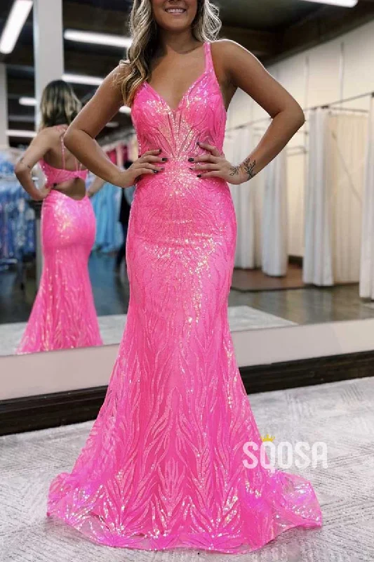 backless evening dress-Sexy V-Neck Spaghetti Straps Sequined Appliques Trumpet Party Prom Evening Dress QP3457