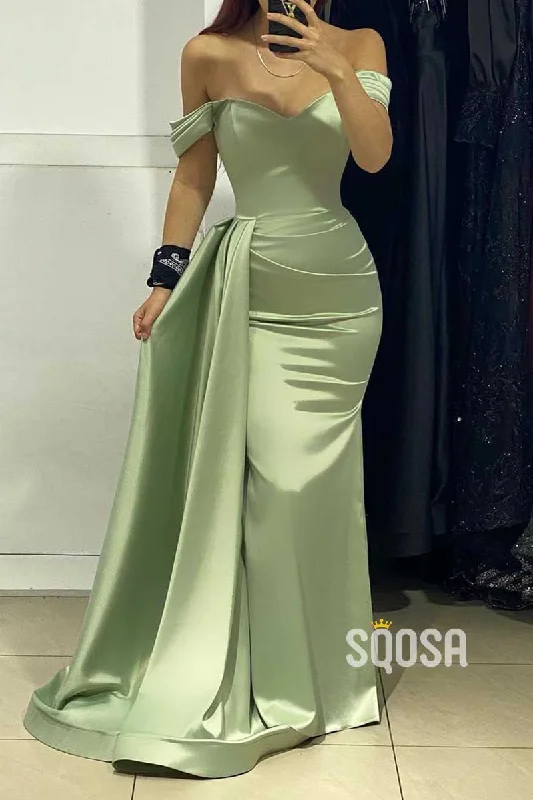 strapless evening dress-Satin Trumpet Off-Shoulder Empire With Train Formal Prom Dress QP3468