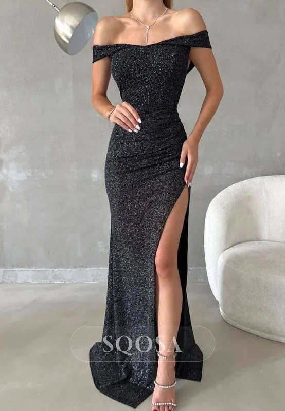 elegant lace overlay evening gown-Chic Fitted Glitter Off-Shoulder With Side Slit Party Prom Evening Dress QP3544