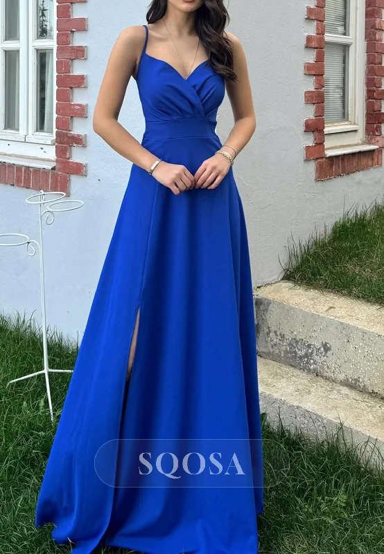 evening dress with cape-Satin A-Line V-Neck Spaghetti Straps With Side Slit Party Prom Evening Dress QP3546