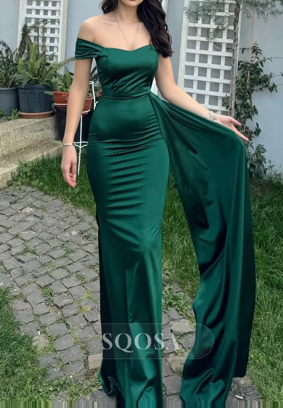 evening dress with plunging neckline-Chic Fitted Off-Shoulder Empire With Train Party Prom Evening Dress QP3547