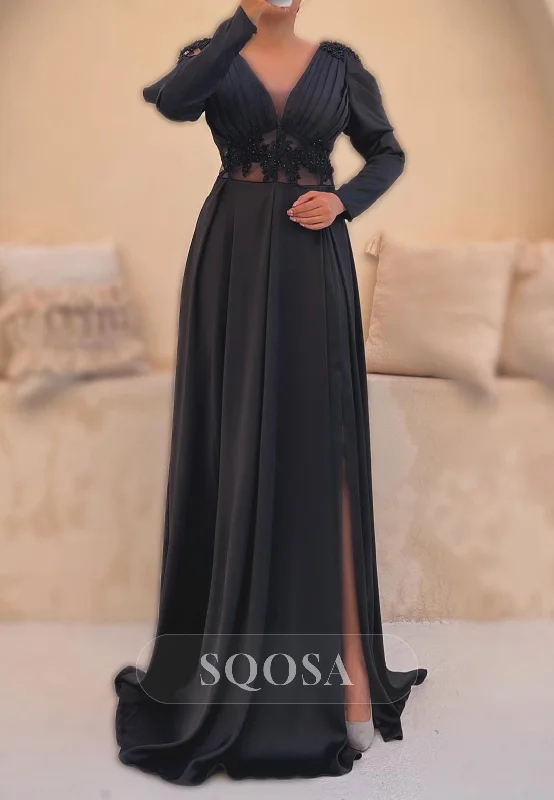 shimmering evening gown-Satin A-Line V-Neck Long Sleeve Appliques Party Prom Evening Dress QP3555