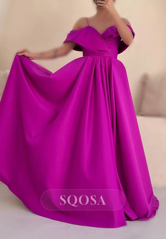 asymmetrical evening gown-Satin A-Line Off-Shoulder Spaghetti Straps Party Prom Evening Dress QP3559