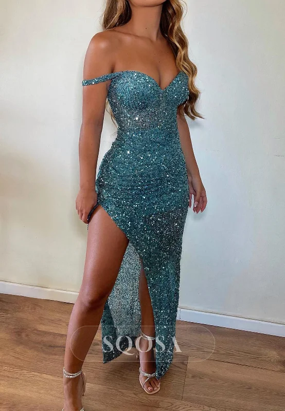 classic black evening gown-Sexy Fitted Off-Shoulder Sequined With Side Slit Party Prom Evening Dress QP3564