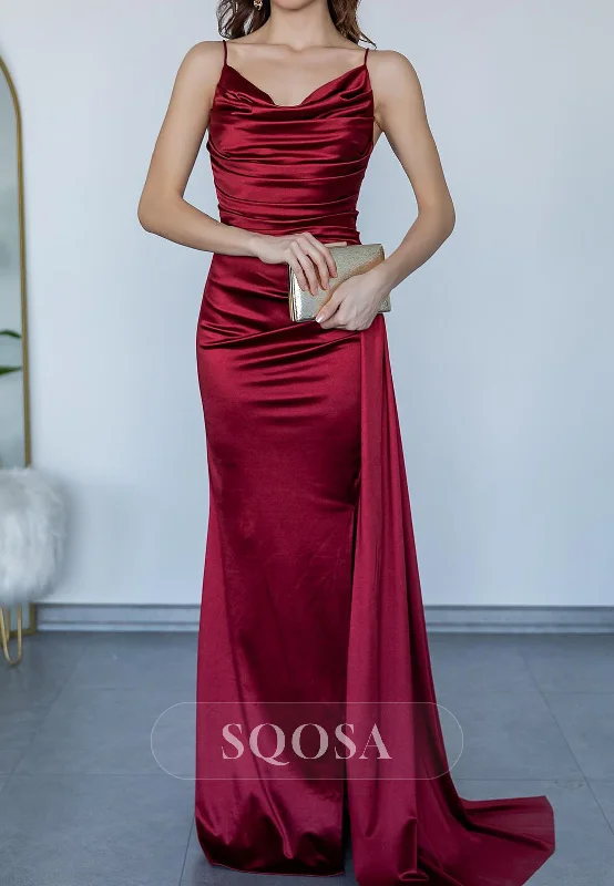 draped evening gown-Satin Trumpet Spaghetti Straps Ruched With Side Slit Party Prom Evening Dress QP3565