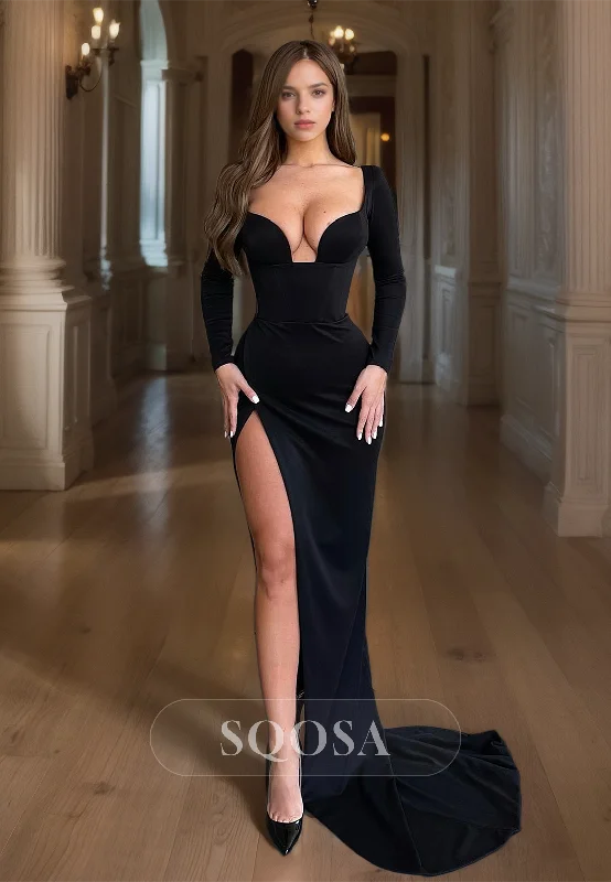 asymmetrical evening gown-Sweetheart Long Sleeves Formal Gowns High Split Pleated Satin Mermaid Prom Dress with Sweep Train