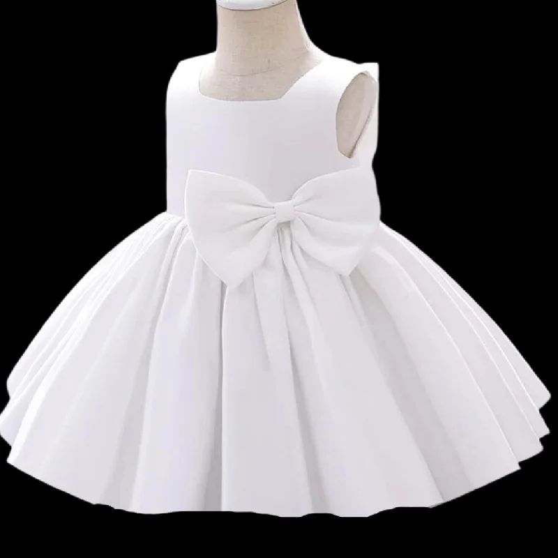 evening dress with ruffles-GownLink White Satin Big Bow First Communion Baptism Dress GLBP9