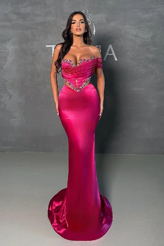 high neck formal evening gown-Strapless Satin Pleats Beads Mermaid Formal Evening Dress QP0894