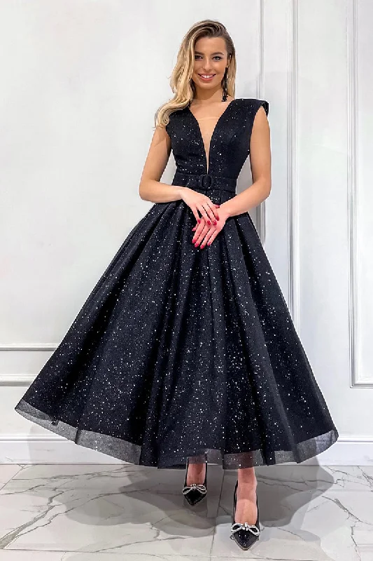 sheer sleeve evening gown-Attractive V-Neck Tulle Black Vintage Prom Dress Glitter QP0838