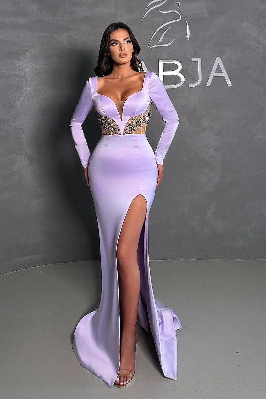 fishtail evening dress-Sexy Deep V neck Beads Long Sleeves Mermaid Formal Evening Gowns QP0855