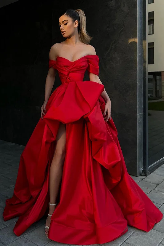 elegant lace overlay evening gown-Ball Gown Off the Shoulder Short Sleeves Red Long Prom Formal Gowns QP1417