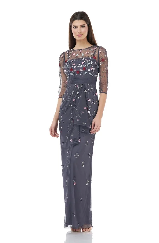 elegant lace overlay evening gown-JS Collections Floral Beaded Gown - Charcoal Multi