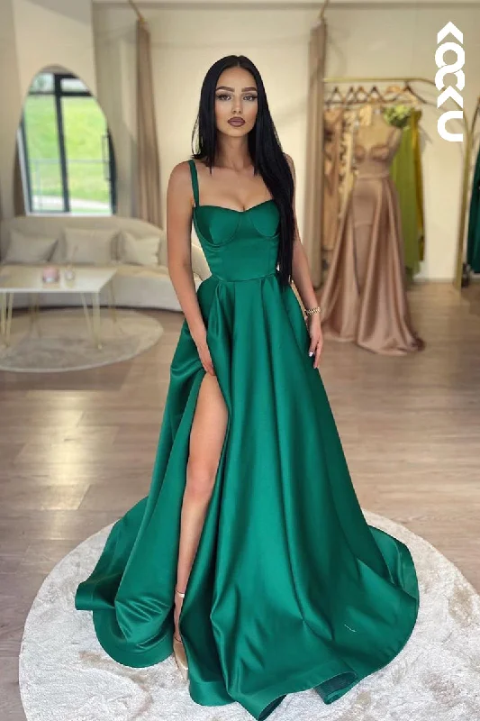 formal evening dress-L2181 - Morden Straps Square Long A-Line Ruched Party Prom Dress With Side Slit