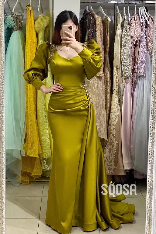 evening dress with blouson top-Unique Scoop Long Sleeves Pleats Long Formal Evening Gowns QP0910