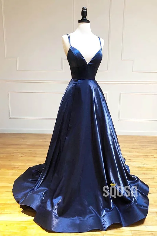 evening dress with train-Navy Blue Satin V-neck Spaghetti Straps Simple Prom Dress QP0999A