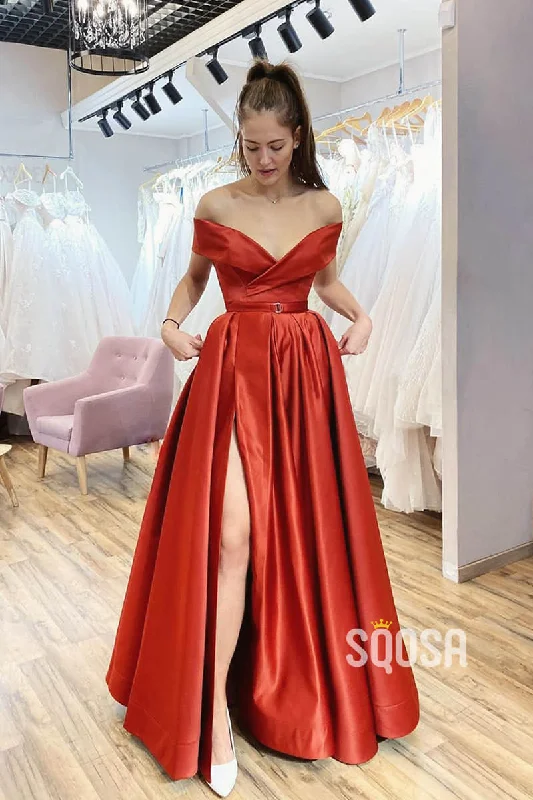 evening dress with blouson top-Off-the-Shoulder A-Line Satin Spalit Long Prom Dress with Pockets QP1087