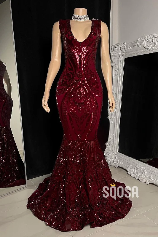 evening dress with sleeves and lace-Sexy V-Neck Sequins Appliques Mermaid Prom Dress Black Girl for Slay QP0874