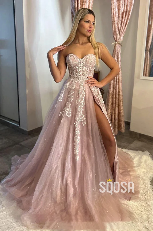 formal evening dress-A-line Sweetheart Lace Appliques Pink Long Prom Dress QP0853