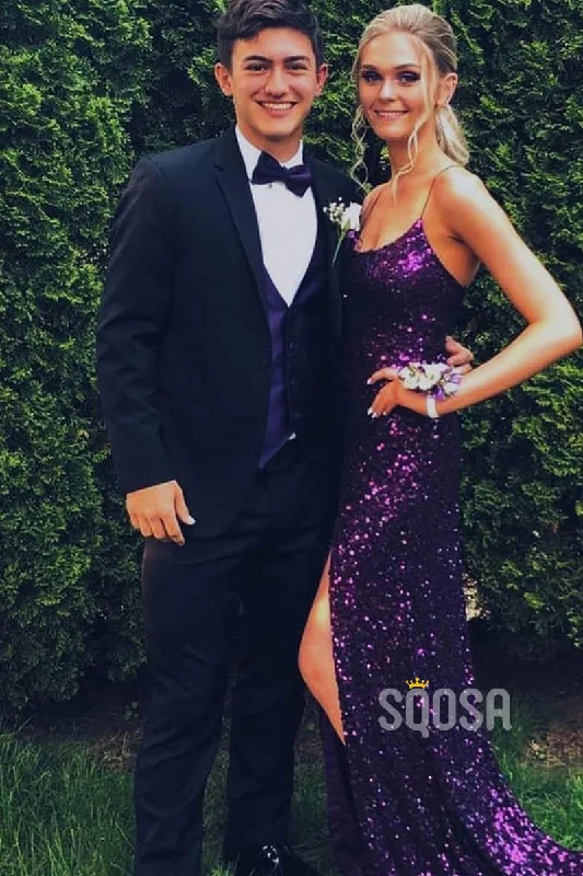 elegant formal black evening gown-Purple Sequins Spaghetti Straps Scoop Sheath/Column Prom Dress with Slit QP1315