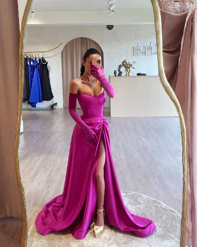 off shoulder evening dress-A-Line Strapless Satin Long Sleeves Hot Pink Evening Prom Dresses QP3121