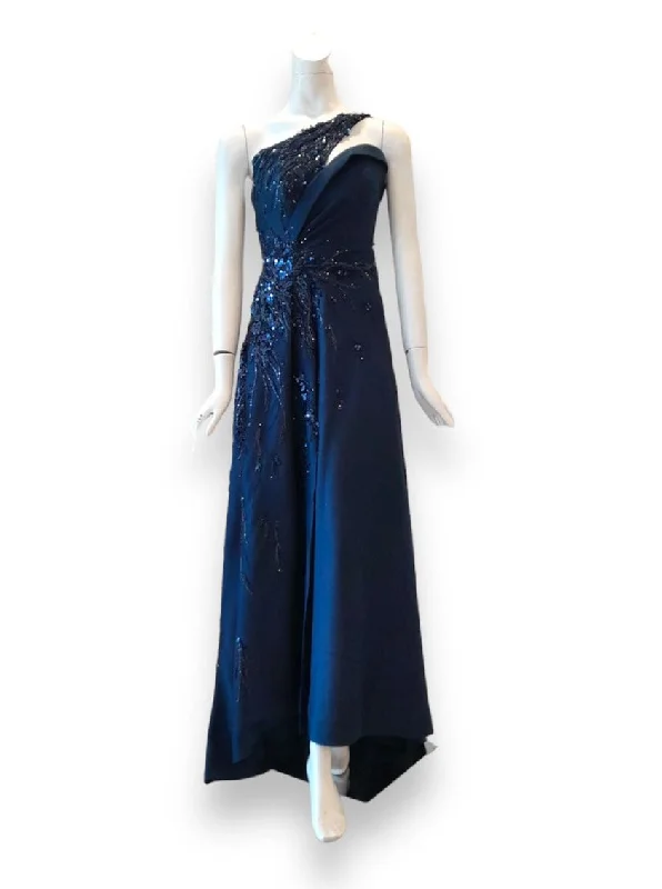 tulle evening gown-Rent : Albert Yanuar - Navy Blue One Shoulder With Slit Gown