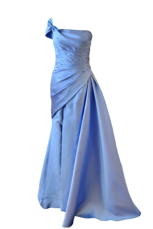 evening dress with cape-Rent: Anrini Polim - One Shoulder Blue Strapless Satin Gown with Bow