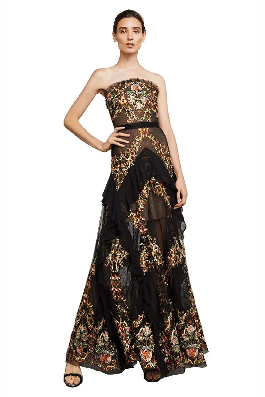 elegant peplum evening gown-Rent: BCBGMaxazria Black Strapless Embroidered Gown