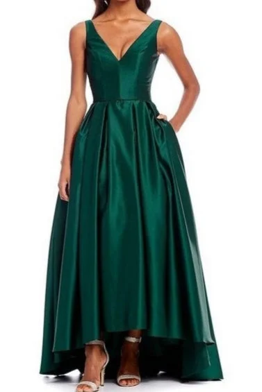 deep V-neck evening gown-Rent : Betsy Adam - Green V Neck High Low Gown