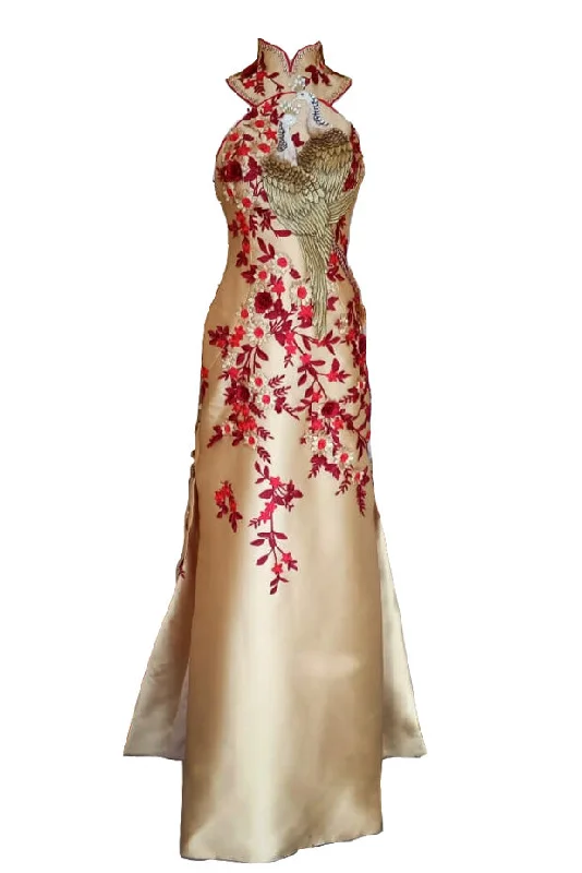 spaghetti strap evening gown-Rent: Billy Tjong Gold Cheongsam Embroidery Phoenix Satin Gown