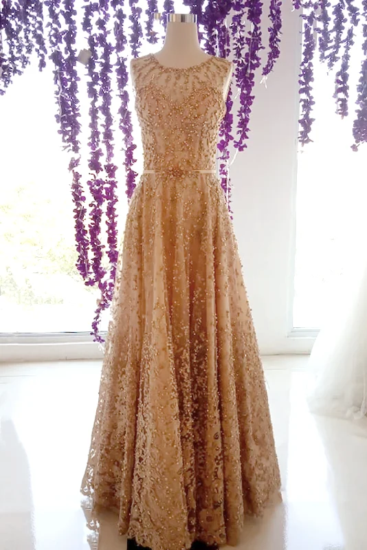 elegant evening wear-Rent: Gabriella Vania Golden Sleeveless A-Line Gown