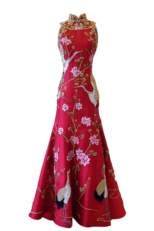 sheer sleeve evening gown-Rent : Gabriella Vania - Red Cheongsam Mermaid Gown