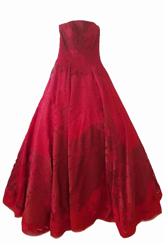 evening dress with embroidery-Rent: Hian Tjen Red Flower Ball Gown