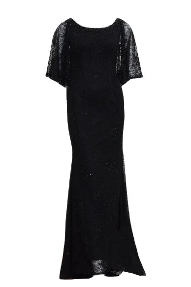 elegant lace overlay evening gown-Rent: Long Black Beads Cape Gown