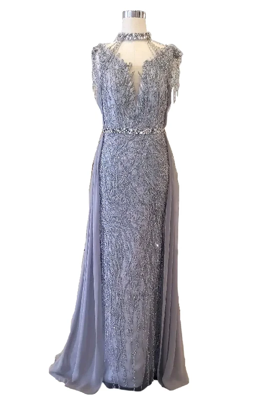 black lace evening dress-Rent : Meggie Hadiyanto - Silver Halter Mermaid Gown