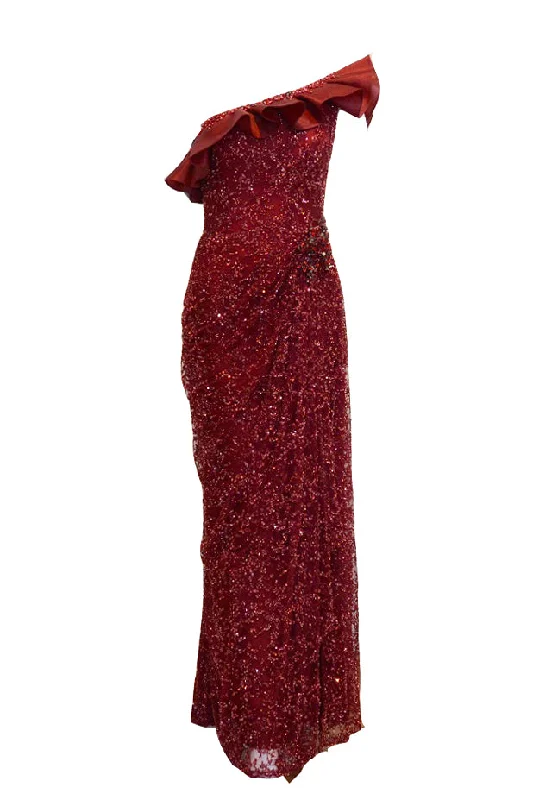 elegant evening dress with sleeves-Rent: Winda Halomoan - Red One Shoulder Ruffles Beaded Gown