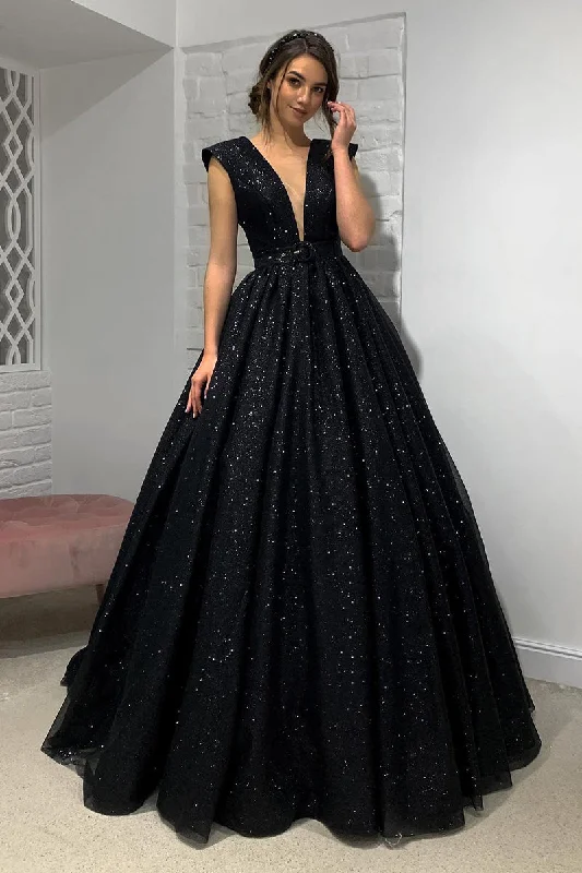 spaghetti strap evening gown-Plunging V-Neck Black Sparkly Prom Dress QP0839