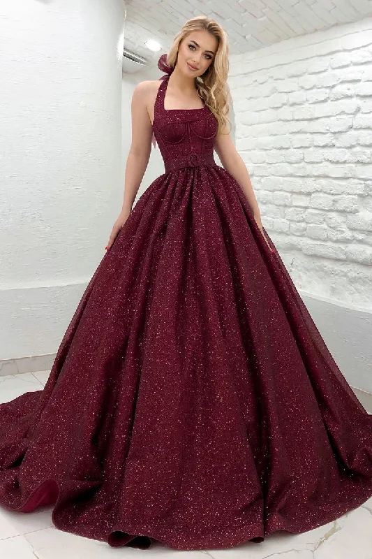 halter neck evening dress-Unique Halter Burgunyd Long Prom Dress Glitter QP0857